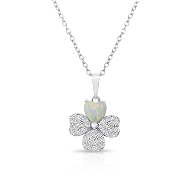 CZ and Synthetic Opal Leaf Clover Necklace