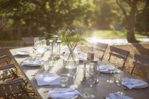 Outdoor dining table set for a meal in a sunlit garden, with plates, glassware, white napkins, and a vase of purple flowers as a centerpiece.